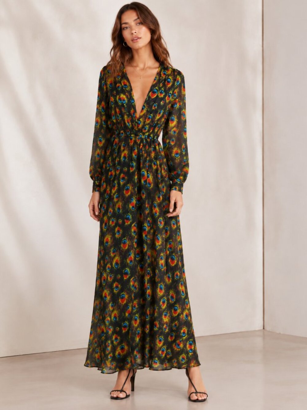 Miss Ord Peacock Feather Print Maxi Dress Deep V Boho Long Sleeve